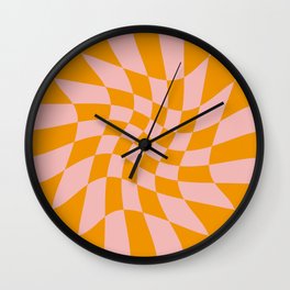 Wavy Check - Orange And Pink - Checkerboard Pattern Print Wall Clock