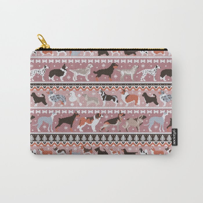 Fluffy and bright fair isle knitting doggie friends // dry rose and careys pink background brown orange white and grey dog breeds  Carry-All Pouch