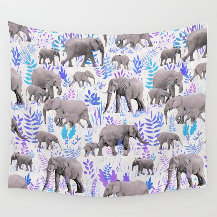 Sweet Elephants in Aqua, Purple, Cream and Grey Wall Tapestry