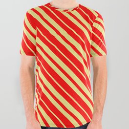 [ Thumbnail: Red & Tan Colored Stripes Pattern All Over Graphic Tee ]