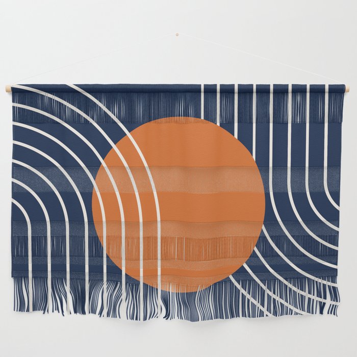Geometric Lines in Navy Blue Orange 4 (Rainbow Abstraction) Wall Hanging