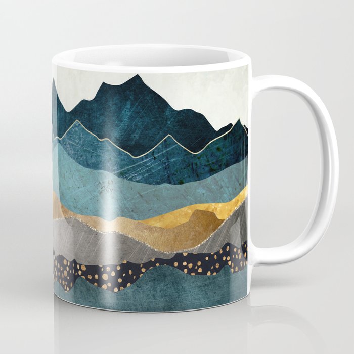 Amber Dusk Kaffeebecher | Graphic-design, Digital, Aquarell, Amber, Landscape, Natur, Berge, Hills, Gold, Copper