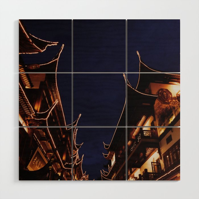 China Photography - Lit Up Houses Under The Dark Blue Night Sky Wood Wall Art