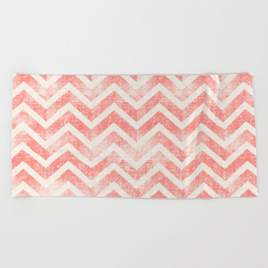 Maritime Navy Chevron Herringbone ZigZag in White Red Beach Towel