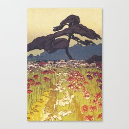 The Flower Empire of Waan - Tree and Flowers on Field - Nature Ukiyo Landscape in Blue, Red, Green & Orange Canvas Print