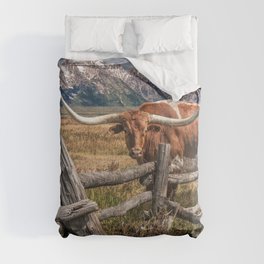 Texas Longhorn Steer with Wood Log Fence in Wyoming Pasture Comforter
