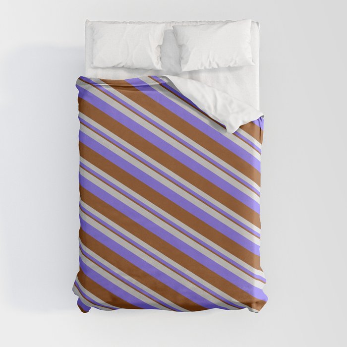 Light Gray, Medium Slate Blue & Brown Colored Pattern of Stripes Duvet Cover