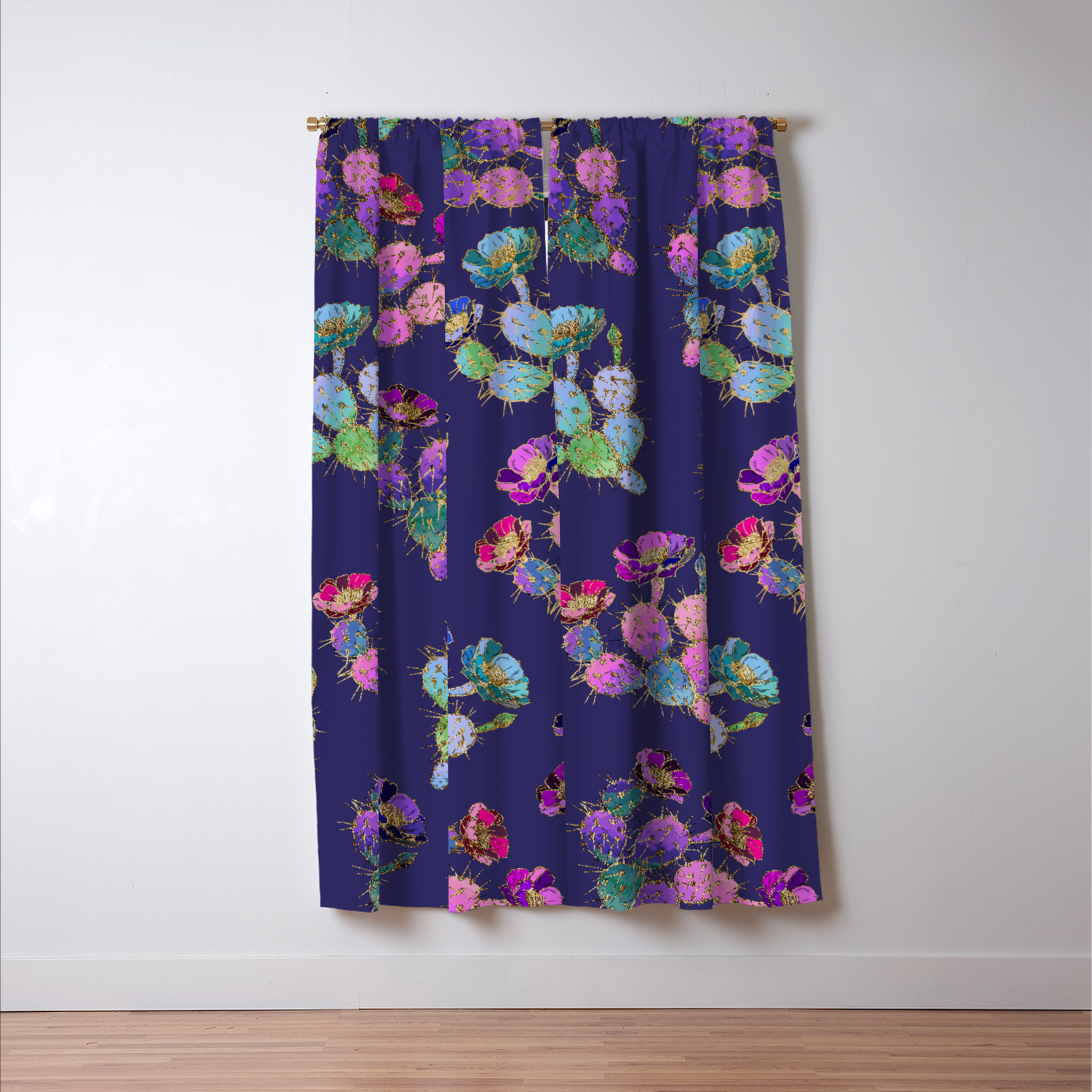 Modern Watercolor Pink Lilac Purple Gold Cactus Floral Blackout
