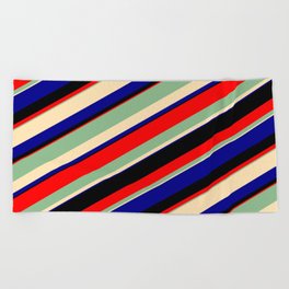 [ Thumbnail: Dark Sea Green, Beige, Dark Blue, Black & Red Colored Lines/Stripes Pattern Beach Towel ]