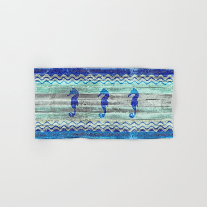 Rustic Navy Blue Coastal Decor Seahorses Hand Bath Towel by