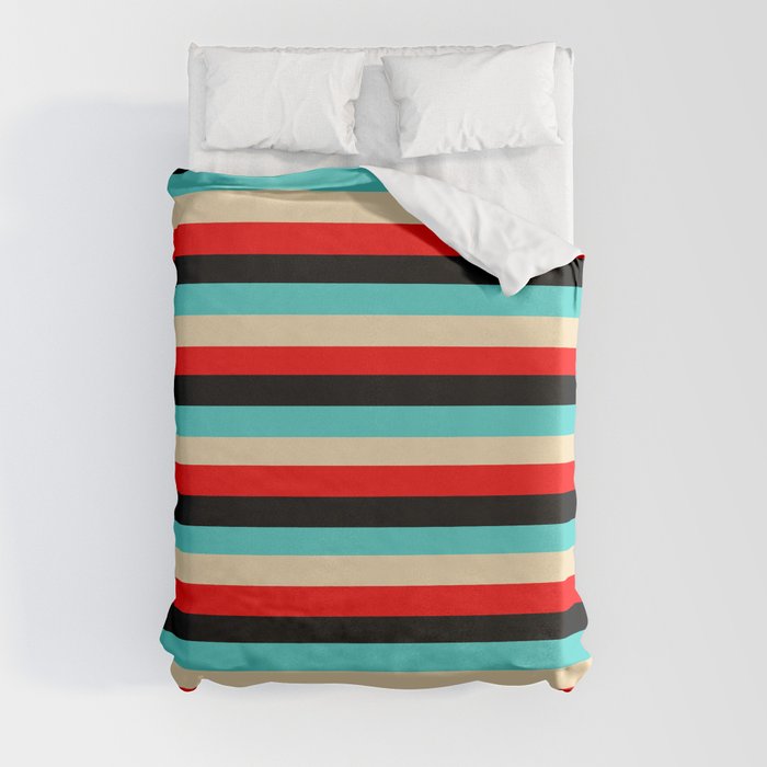 Tan, Red, Black, and Turquoise Stripes/Lines Pattern Duvet Cover