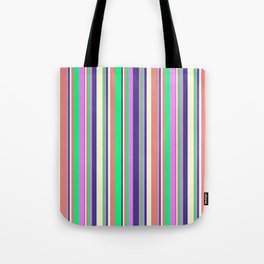 [ Thumbnail: Vibrant Light Coral, Green, Violet, Dark Slate Blue, and Light Yellow Colored Pattern of Stripes Tote Bag ]