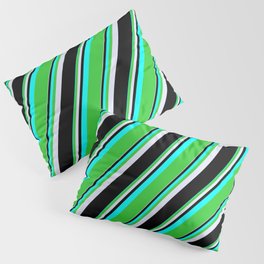 [ Thumbnail: Cyan, Lime Green, Lavender, and Black Colored Pattern of Stripes Pillow Sham ]