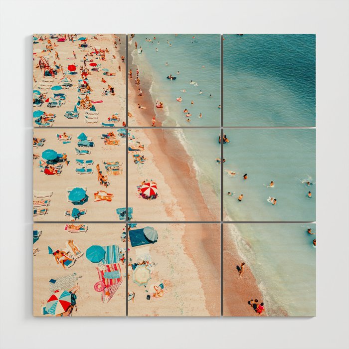 Aerial Ocean Beach Print, Pastel Beach Print, Summer Vibes, Aerial Beach People Umbrellas Print, Beach Photography, Sea Waves Art Print Wood Wall Art