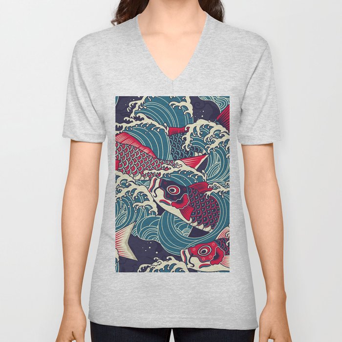 Colorful japanese Koi/carp fish in the wave seamless pattern V Neck T Shirt