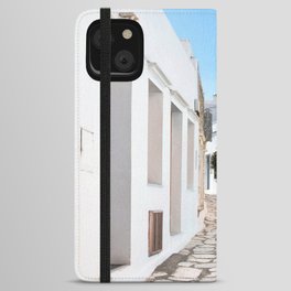 Street View of Tinos Island in Greece with Traditional Houses and Shops iPhone Wallet Case