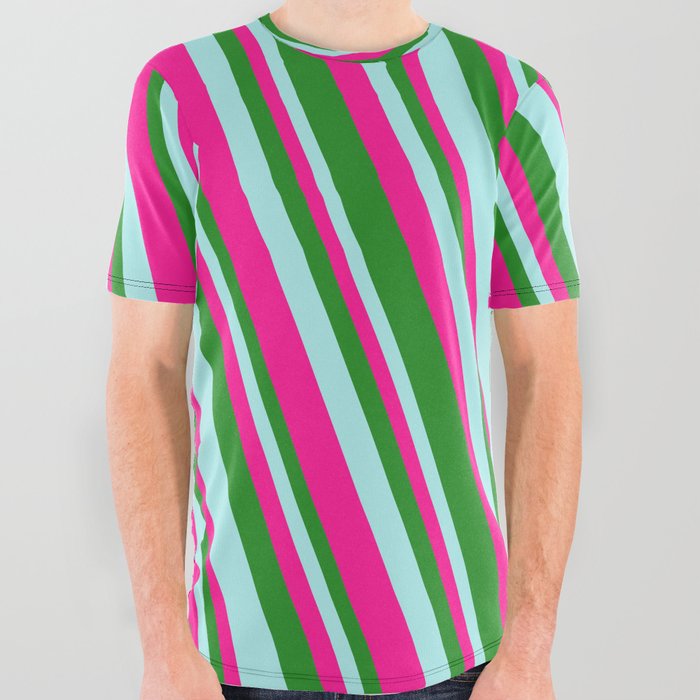 Turquoise, Deep Pink, and Forest Green Colored Pattern of Stripes All Over Graphic Tee