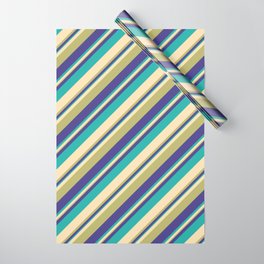 [ Thumbnail: Beige, Dark Khaki, Dark Slate Blue, and Light Sea Green Colored Striped Pattern Wrapping Paper ]