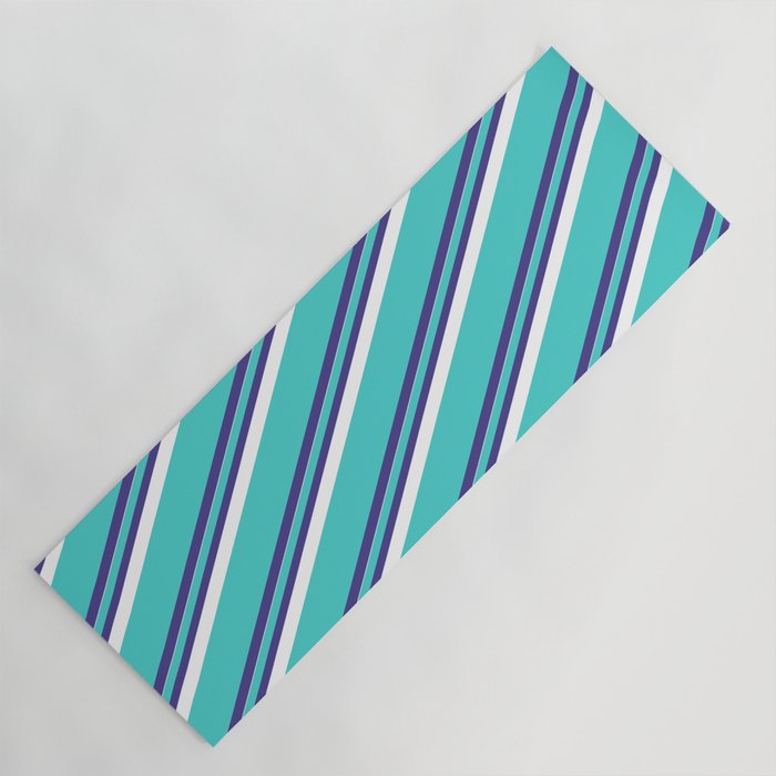 Turquoise, Dark Slate Blue & White Colored Striped Pattern Yoga Mat