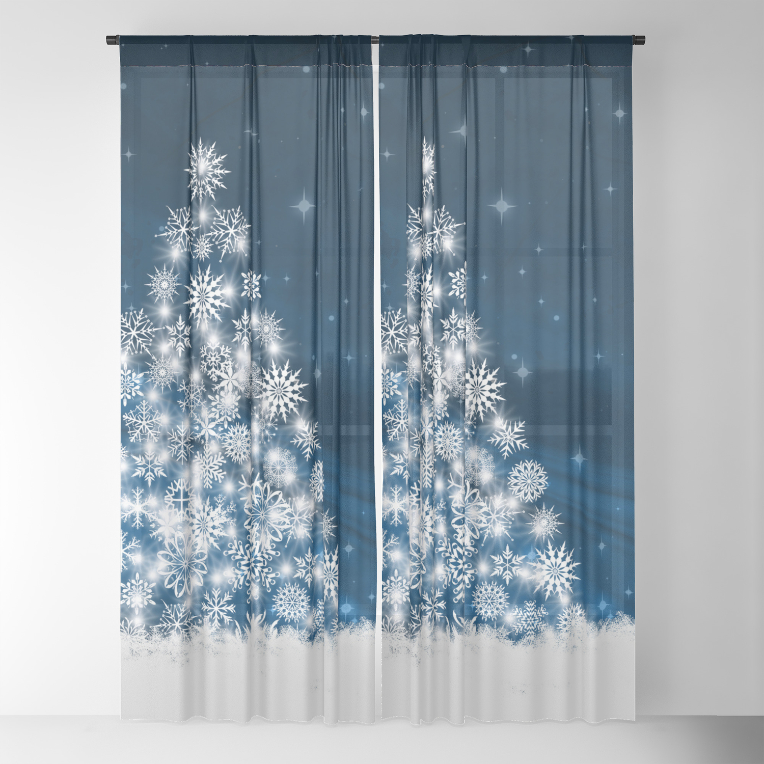 Blue Christmas Eve Snowflakes Winter Holiday Sheer Curtain By