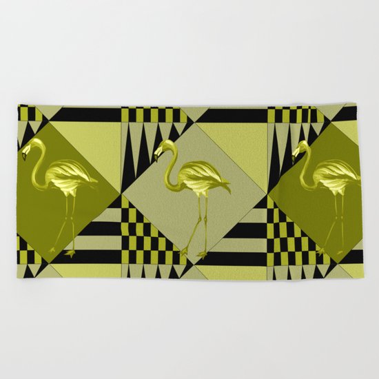 flamingo in green Beach Towel