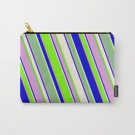 [ Thumbnail: Vibrant Blue, Beige, Green, Dark Sea Green, and Plum Colored Pattern of Stripes Carry-All Pouch ]