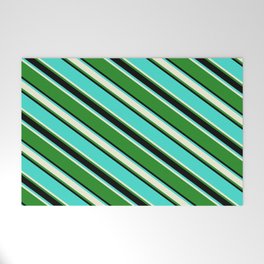 [ Thumbnail: Turquoise, Beige, Forest Green, and Black Colored Lined Pattern Welcome Mat ]