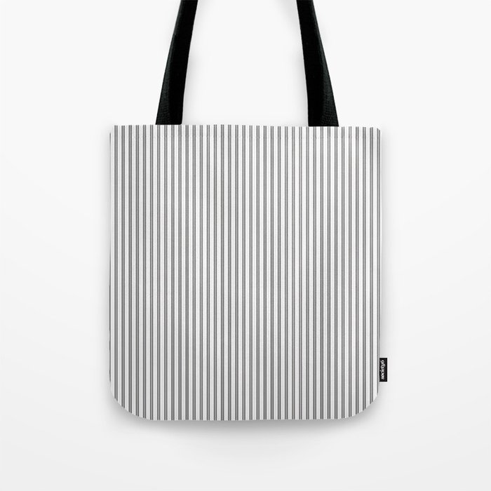 Charcoal Grey and White Micro Vertical Vintage English Country Cottage Ticking Stripe Tote Bag