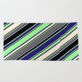 [ Thumbnail: Vibrant Green, Dim Grey, Midnight Blue, Beige & Black Colored Striped Pattern Beach Towel ]