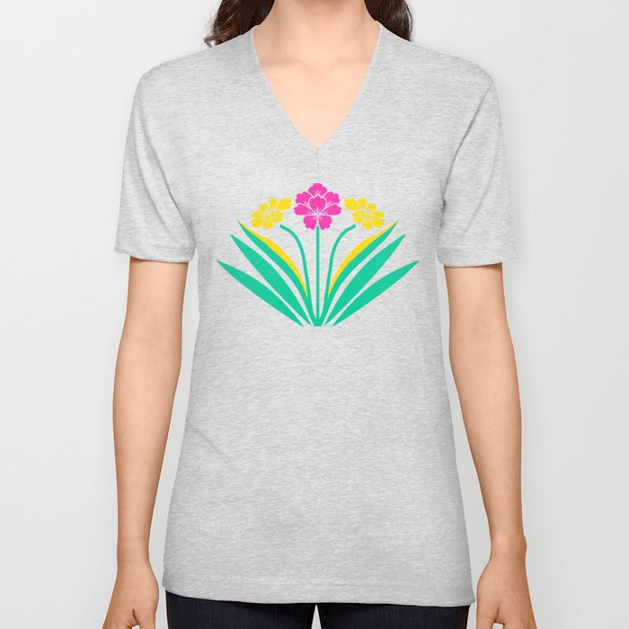Art deco floral pattern in green, pink, and yellow V Neck T Shirt