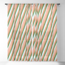[ Thumbnail: Chocolate, Dark Green, Light Cyan & Light Salmon Colored Lined/Striped Pattern Sheer Curtain ]