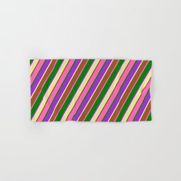 [ Thumbnail: Pale Goldenrod, Sienna, Hot Pink, Green & Dark Orchid Colored Stripes Pattern Hand & Bath Towel ]
