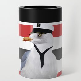 Captain Seagull on Red and Black Stripes Can Cooler