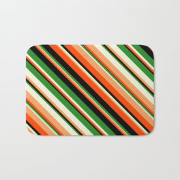 [ Thumbnail: Vibrant Forest Green, Beige, Brown, Red & Black Colored Lines Pattern Bath Mat ]