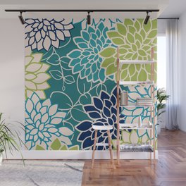 Floral Blooms and Leaves, Blue, Teal and Green Wall Mural