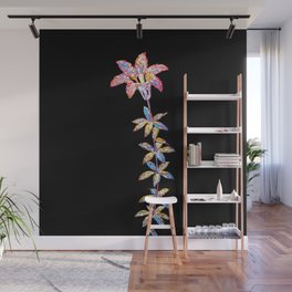 Floral Wood Lily Mosaic on Black Wall Mural