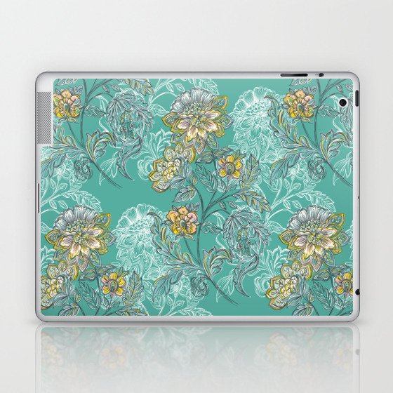 Jacobean Era Floral Style Sea Blue-Green Pattern Design Laptop & iPad Skin