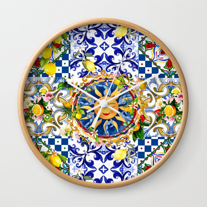Sicilian sun,tiles,summer,majolica,lemon art Wall Clock