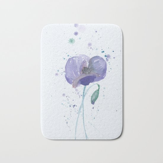 Blue Poppy flower illustration painting in watercolor Bath Mat