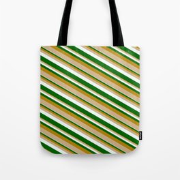 [ Thumbnail: Dark Goldenrod, Tan, Mint Cream & Dark Green Colored Lined/Striped Pattern Tote Bag ]