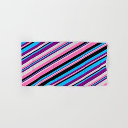 [ Thumbnail: Eyecatching Deep Sky Blue, Purple, Light Grey, Hot Pink, and Black Colored Lined Pattern Hand & Bath Towel ]