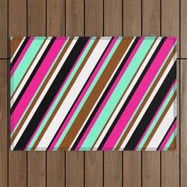 [ Thumbnail: Vibrant Deep Pink, Aquamarine, Brown, White, and Black Colored Striped Pattern Outdoor Rug ]