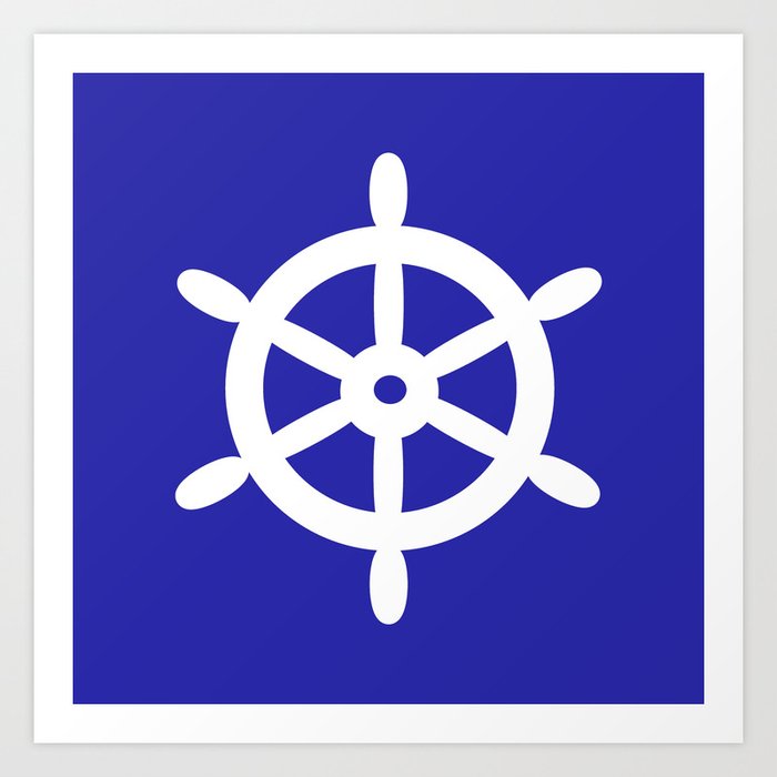 Ship Wheel (White & Navy Blue) Art Print