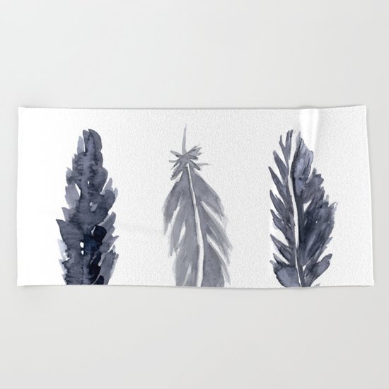 Black watercolor feathers Beach Towel