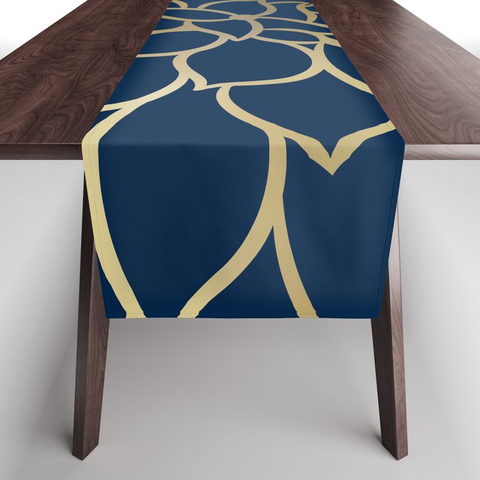 Floral Prints, Line Art, Navy Blue and Gold Table Runner