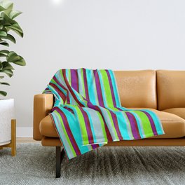 [ Thumbnail: Cyan, Powder Blue, Chartreuse, Purple & Dark Red Colored Lines/Stripes Pattern Throw Blanket ]