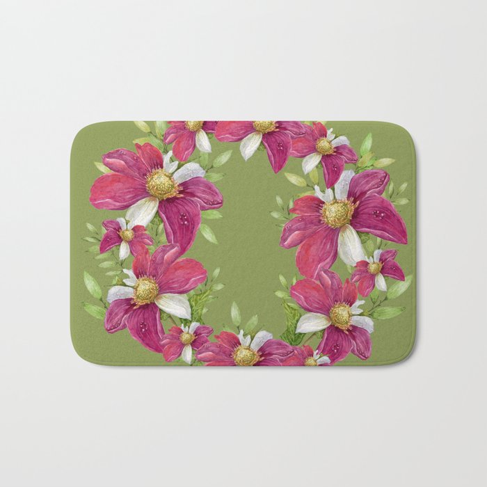 cosmos watercolor pattern on green background  Bath Mat
