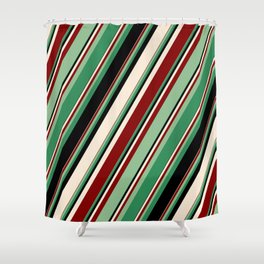 [ Thumbnail: Colorful Beige, Maroon, Dark Sea Green, Sea Green, and Black Colored Striped Pattern Shower Curtain ]