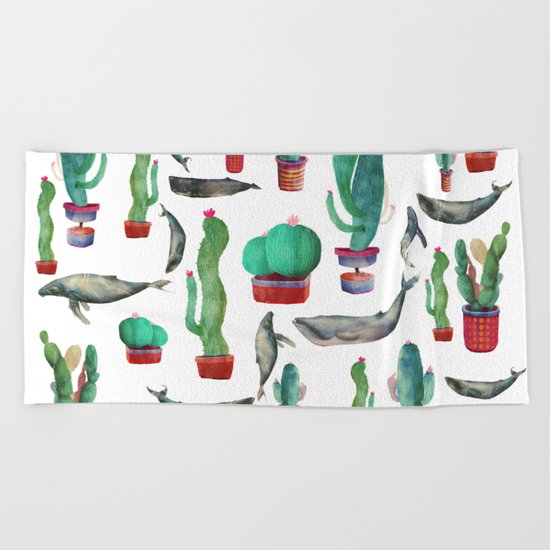 Cactus & whales Pattern Beach Towel