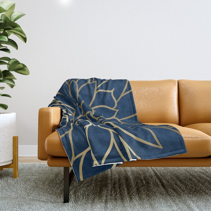 Floral Prints Line Art Navy Blue and Gold Throw Blanket